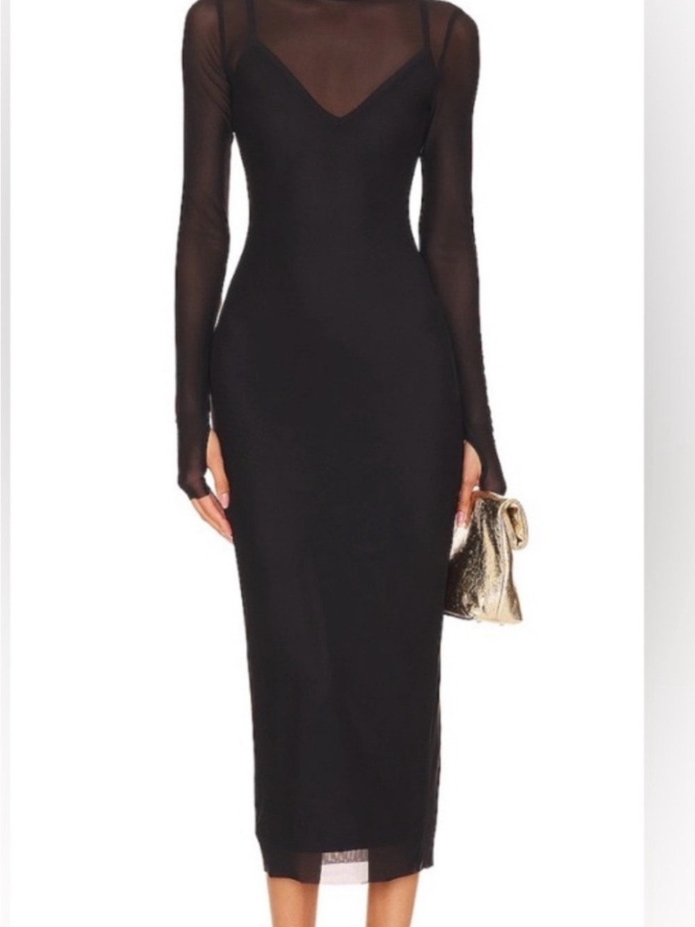 AFRM Black Long Sleeve Mesh-Detail Midi Dress